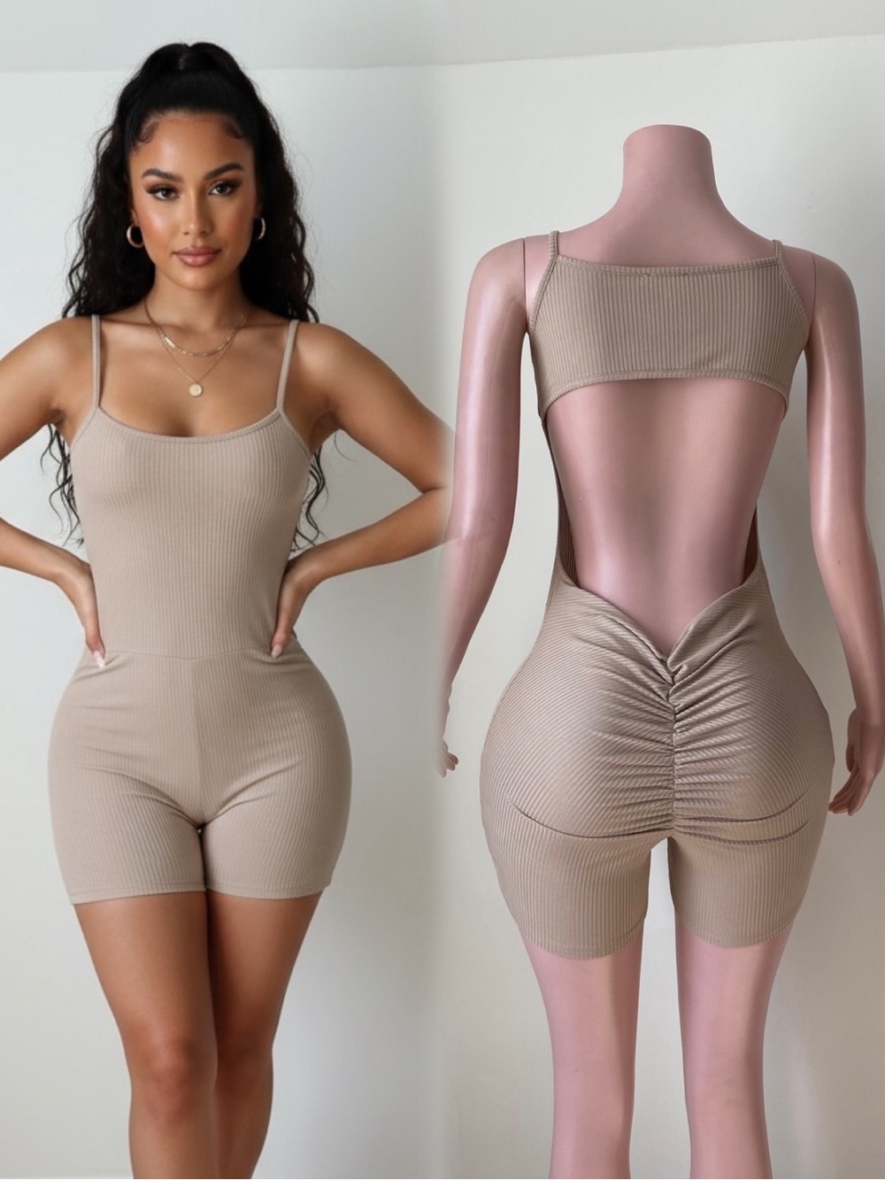 Ribbed Scoop Neck Beige Bodysuit Romper